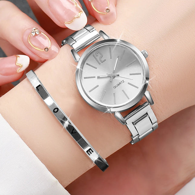Set di braccialetti con apertura per orologio da polso al quarzo con cinturino in acciaio dorato alla moda da donna 2 pezzi platinumshop