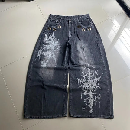 American New Fashion modello oversize stampato jeans lavati uomo Y2K gotico rock popolare casual Joker pantaloni a gamba larga a vita alta