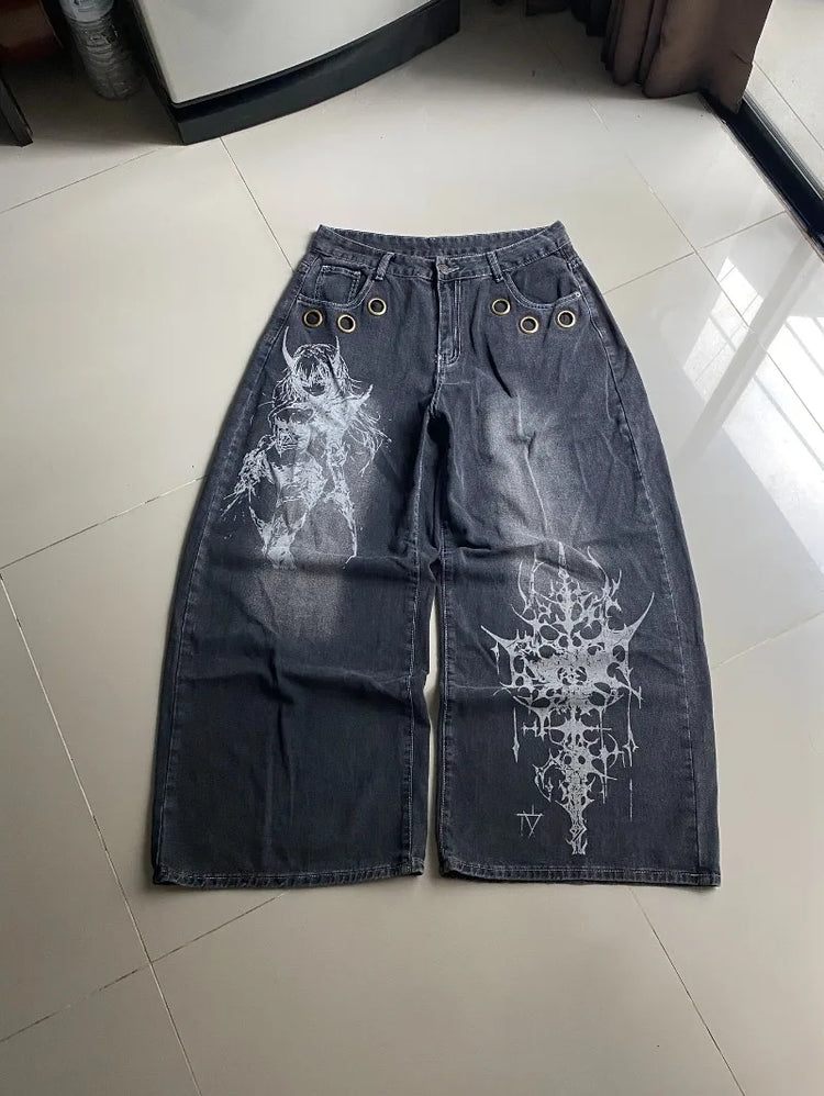 American New Fashion modello oversize stampato jeans lavati uomo Y2K gotico rock popolare casual Joker pantaloni a gamba larga a vita alta