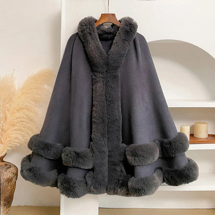 Luxury Women Faux Fur Trim Cape Coat Loose Batwing Poncho Shawl Fuzzy Fur Edge Warm Winter Outerwear Party Street Lady Coats