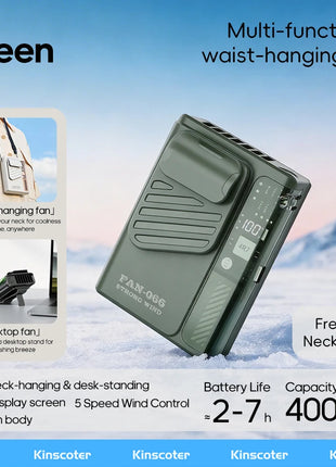 Nuovo Ventilatore Portatile da Cintura per Esterni 4000mAh USB, Mini Ventilatore Multifunzione con 5 Velocità e Display Digitale, Ricaricabile