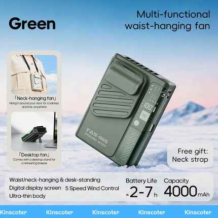 Nuovo Ventilatore Portatile da Cintura per Esterni 4000mAh USB, Mini Ventilatore Multifunzione con 5 Velocità e Display Digitale, Ricaricabile