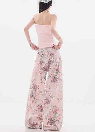 Nuovi jeans ricamati rosa stile cinese da donna Pantaloni estivi casual a gamba larga lunghi fino al pavimento con design stampato