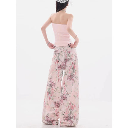 Nuovi jeans ricamati rosa stile cinese da donna Pantaloni estivi casual a gamba larga lunghi fino al pavimento con design stampato