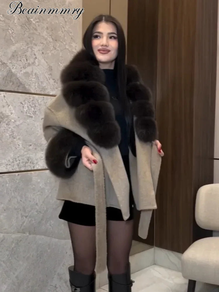 Lady Faux Fur Collar Cuffs Patchwork Short Overcoat  Belted Lace Up Loose Warm Jacket New Winter Daily Street Women's Outerwear