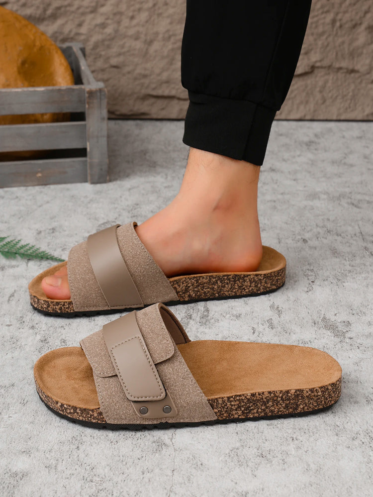 Ciabatte da uomo estive, primaverili e autunnali, casual, semplici, con motivo in sughero, tomaia in PU, suola piatta, slip-on, sandali da spiaggia, adatte per uso domestico ed esterno.