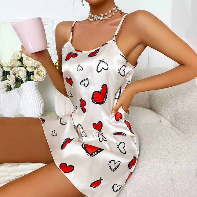 Sexy Nightwear for Women Satin Lingerie Chemise Slip Nightgown Short Dress Nightie Babydoll Pajamas Print Homewear Pijama