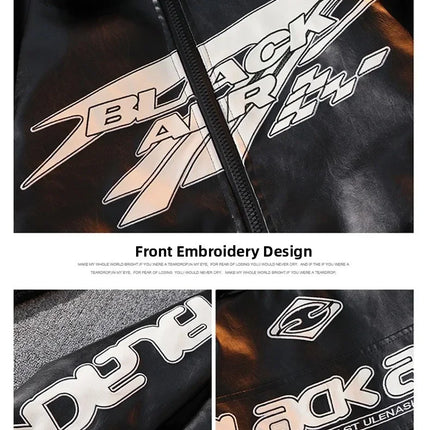 2026 New Men's American Racing Style Printed Leather Jacket Fashion Stand Collar Motorcycle Biker Coat Casual Outerwear PU
