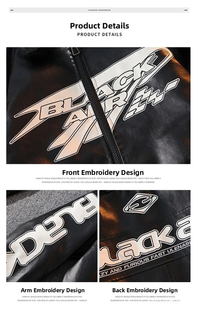 2026 New Men's American Racing Style Printed Leather Jacket Fashion Stand Collar Motorcycle Biker Coat Casual Outerwear PU