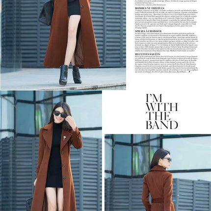 New Women's Spring Autumn Winter Woolen Coat Slim  Long Over The Knee Lining Woolen Windbreaker Outerwear Match Belt Female