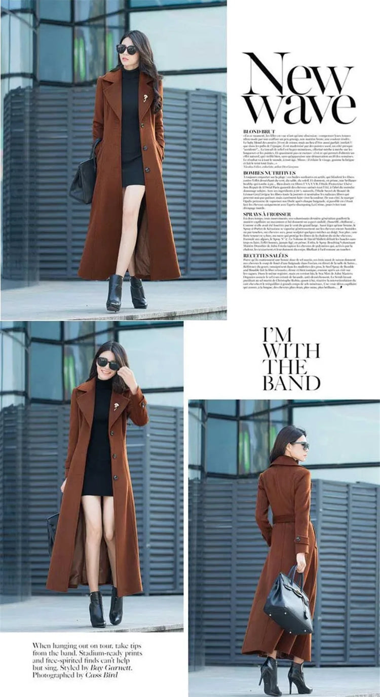 New Women's Spring Autumn Winter Woolen Coat Slim  Long Over The Knee Lining Woolen Windbreaker Outerwear Match Belt Female