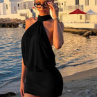 Beyprern Elegante mini abito marrone con scollo all'americana per donna, sexy, senza maniche, senza schienale, arricciato, abito da festa slim, abiti estivi da club platinumshop