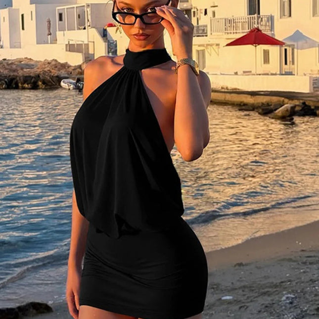 Beyprern Elegante mini abito marrone con scollo all'americana per donna, sexy, senza maniche, senza schienale, arricciato, abito da festa slim, abiti estivi da club platinumshop