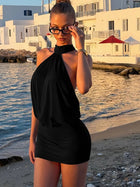 Beyprern Elegante mini abito marrone con scollo all'americana per donna, sexy, senza maniche, senza schienale, arricciato, abito da festa slim, abiti estivi da club platinumshop