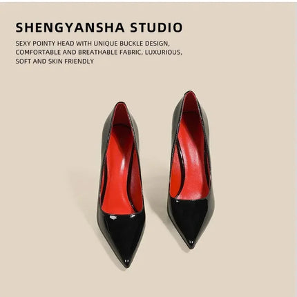 7cm Black Red Sole High Heels Spring Pointed Toe Stiletto Heel Sexy Shiny Single Shoes Fashion Patent Leather Women's Shoes PlatiNum