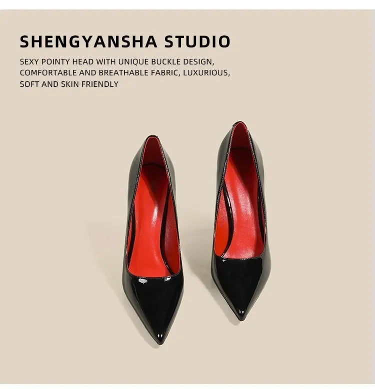 7cm Black Red Sole High Heels Spring Pointed Toe Stiletto Heel Sexy Shiny Single Shoes Fashion Patent Leather Women's Shoes PlatiNum