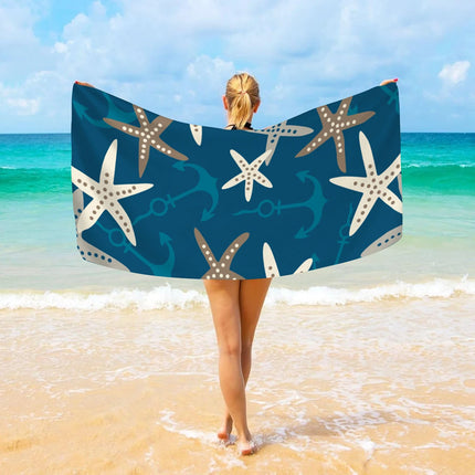 1pc Ocean Element Printed Beach Towel, Starfish Boat Anchor Gym Workout Towel For Travel Pool Yoga