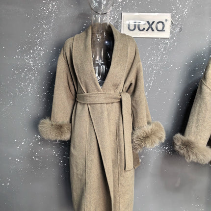 UCXQ Elegant Woolen Coat Temperament Office Lady Overcoats Fur Patchwork Long Sleeve Beautiful Women's Coats 2025 Winter New