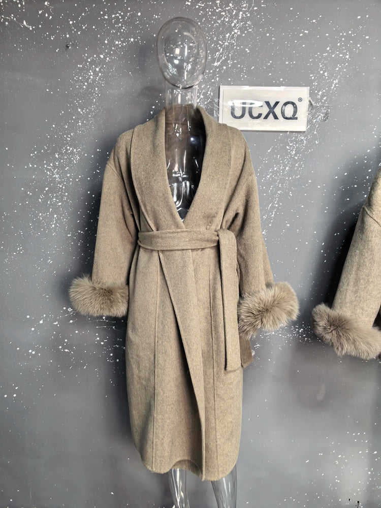 UCXQ Elegant Woolen Coat Temperament Office Lady Overcoats Fur Patchwork Long Sleeve Beautiful Women's Coats 2025 Winter New