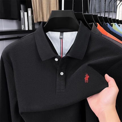 High-end branded long-sleeved polo shirt, 100% cotton, new business men's leisure lapel t-shirt, luxury comfort with Paul pony embroidery