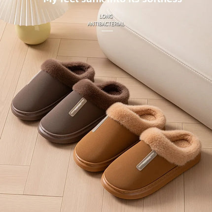 2026 New Large Size Mens Winter Cotton Slippers Thickened Non Slip Sole Indoor Home PU Plush Warm Slippers for Men