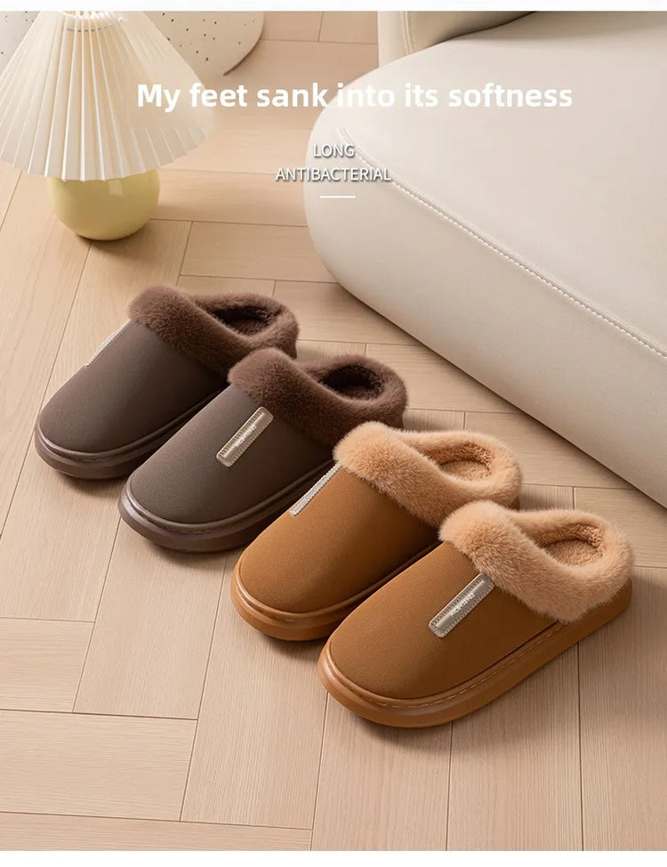 2026 New Large Size Mens Winter Cotton Slippers Thickened Non Slip Sole Indoor Home PU Plush Warm Slippers for Men