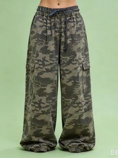 100% Cotton Camouflage Cargo Pants for Women, Elastic High Waist Drawstring Loose Baggy Wide Leg Pants, Multi Pocket Jogger Trou