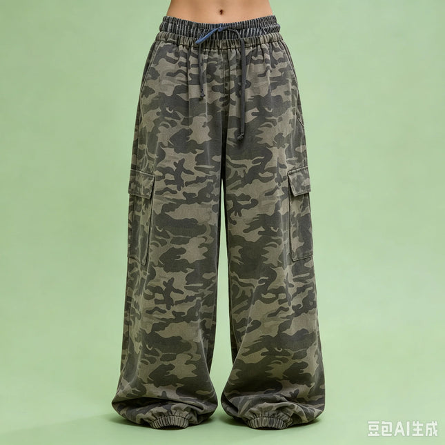 100% Cotton Camouflage Cargo Pants for Women, Elastic High Waist Drawstring Loose Baggy Wide Leg Pants, Multi Pocket Jogger Trou