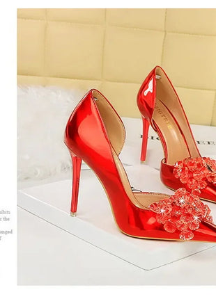 BIGTREE Scarpe con fiocco in strass Décolleté da donna Scarpe da banchetto di lusso Tacchi alti sexy Scarpe da festa con tacco a spillo da donna di grandi dimensioni 41 42 43
