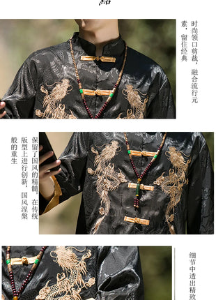Camicia con ricamo drago dorato da uomo in seta di ghiaccio di alta qualità casual allentato a maniche corte top cardigan tradizionale kung fu retrò da uomo