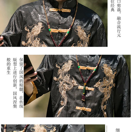 Camicia con ricamo drago dorato da uomo in seta di ghiaccio di alta qualità casual allentato a maniche corte top cardigan tradizionale kung fu retrò da uomo