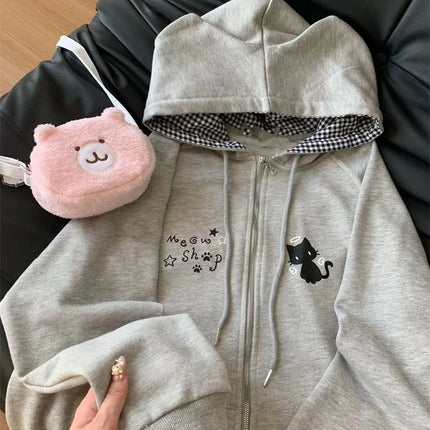 Zipper Hoodie Gothic Cartoon Kawaii Cat Ear Y2k Jacket Zip Up Thin Coat Spring Autumn Cute Core 2000s Clothes Fall Sweatshirts