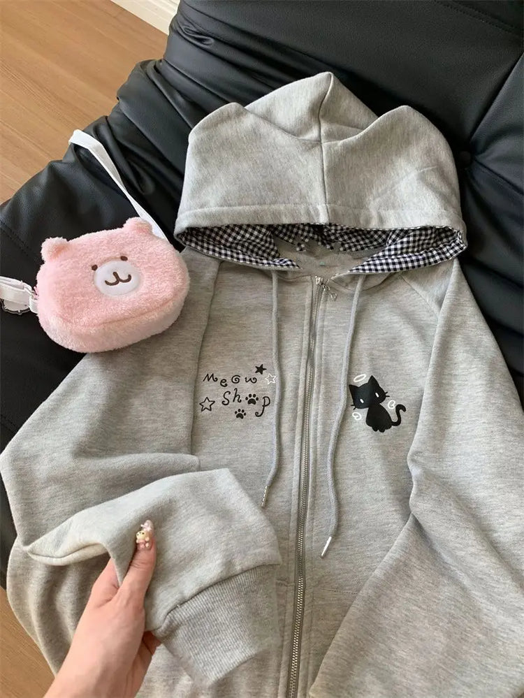 Zipper Hoodie Gothic Cartoon Kawaii Cat Ear Y2k Jacket Zip Up Thin Coat Spring Autumn Cute Core 2000s Clothes Fall Sweatshirts