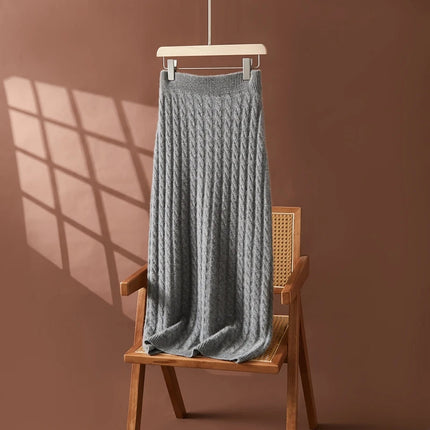 Autumn Winter 100% Cashmere Skirt Women Soild Mid-calf  High Waist Twist Flower Fit Slimming Knitted Dress  Light Luxury Elegant PlatiNum