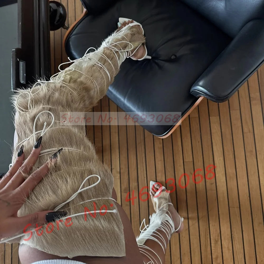 Fur Hide Lace Up Over Knee Sandals Women Wild Sexy Cross Tied High Heels Puttee Shoes Ladies Cutout Party Pointy Long Sandals