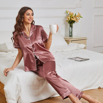 Pigiama in raso con ricamo a cuore, casual, manica corta, bottoni, colletto con risvolto, top e pantaloni, indumenti da notte da donna
