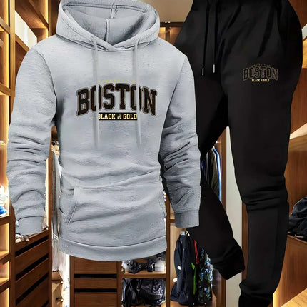 2-Piece Men's Casual Hooded Sweatshirt and Sweatpants Set - Los Angeles Letter Print Men's Outdoor Sports Set with Hooded Long S PlatiNum