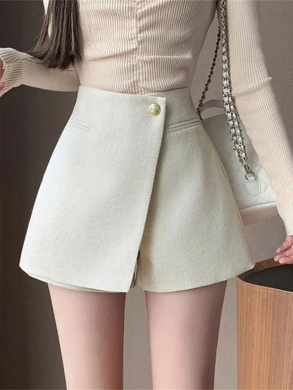Autumn New Solid Woolen Shorts Skirt For Women 2025 New Fall Winter Small Fragrant Style Buttons Deco High Waisted Tweed Shorts