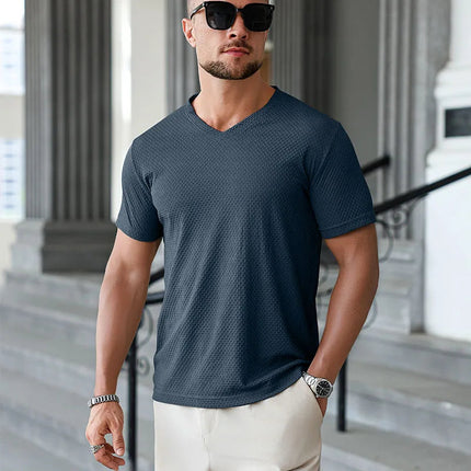 2025 New Men's Casual Short Sleeved Bone Flower Solid Color O-neck T-shirt Fashion Breathable Comfortable Summer Versatile Top PlatiNum