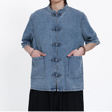 Nuove Giacche in Denim Estive Uomo/Donna Stile Cinese Vintage Lavato Camicie Personalizzate Uomo Kung Fu Casual Baggy Cotone Giacca Tang