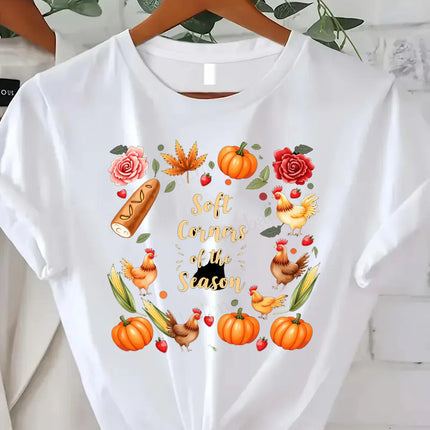 Comoda maglietta da donna con stampa T-shirt con fiori morbidi e cuori selvatici - T-shirt da donna con stampa floreale di gatti