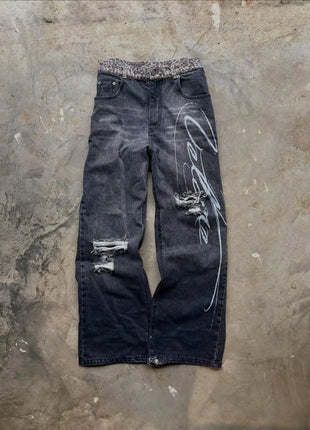 Jeans con orlo a stampa leopardata, stile casual americano anni 2000, a vita alta, gamba dritta e larga, abbigliamento femminile retrò Harajuku