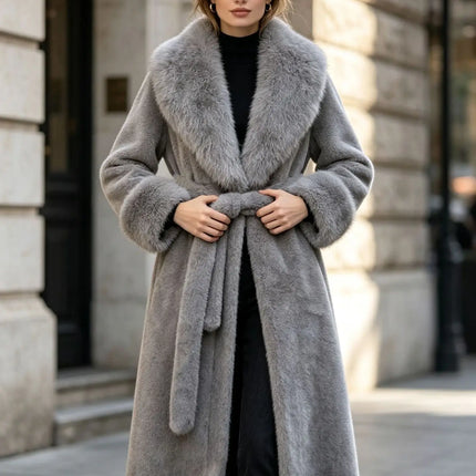 Women's Winter Trench Coat with Large Lapels, Faux Fox Fur Long Coat, Over-the-Knee Jacket