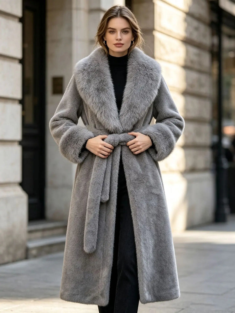 Women's Winter Trench Coat with Large Lapels, Faux Fox Fur Long Coat, Over-the-Knee Jacket