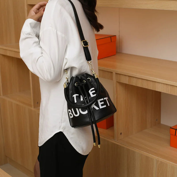 Spring New Fashion Letter PU Leather Bucket Bag Women Simple City Style Shoulder Handbag Trendy Crossbody Satchel Handbag PlatiNum