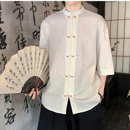 Camicia sottile estiva da uomo in stile giapponese tradizionale retrò in lino a maniche corte traspirante comoda camicia casual da uomo alla moda
