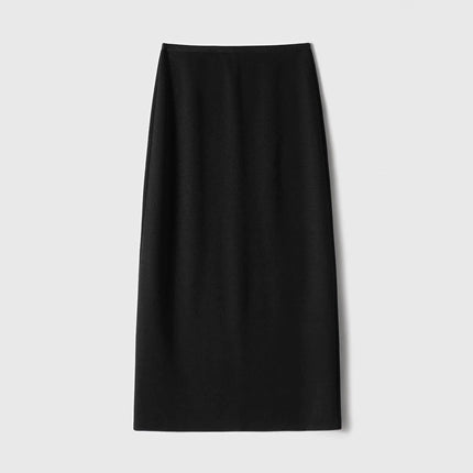 Birdtree Cashmere Silk Blended Skirt For Woman,Elastic Waist Long Skirts,Rear Slit,Commuting Style,2025 Autumn Winter D5N418JF PlatiNum