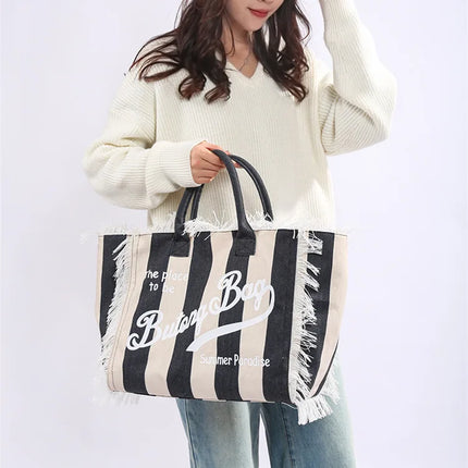 Borsa tote a righe da donna con colori contrastanti Borsa a tracolla con lettere alla moda Borsa da pendolarismo per ascelle di grande capacità
