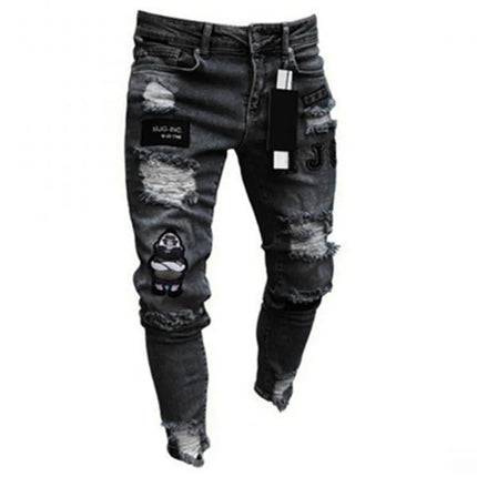 Bottoms 3 Styles Stretchy Ripped Skinny Biker Embroidery Print Jeans Destroyed Hole Slim Fit Scratched High Quality Jean PlatiNum
