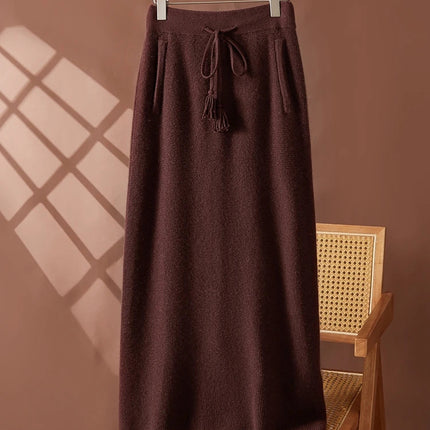 Women's 100% Cashmere Elastic Waist Mid-Length Midi Skirt Autumn Winter Casual Versatile Knitwear Bottoms Casual Fashion Skirt PlatiNum